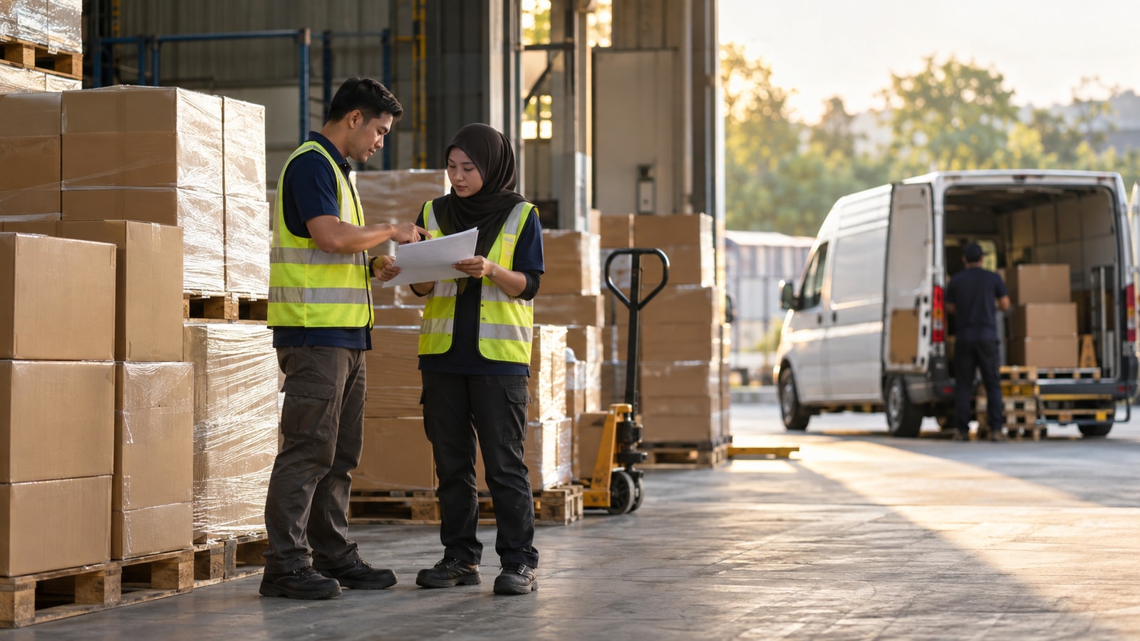 Ilustrasi pasukan logistik Malaysia menyemak papan penghantaran tanpa jenama di sebelah kotak eksport bertindan dalam gudang