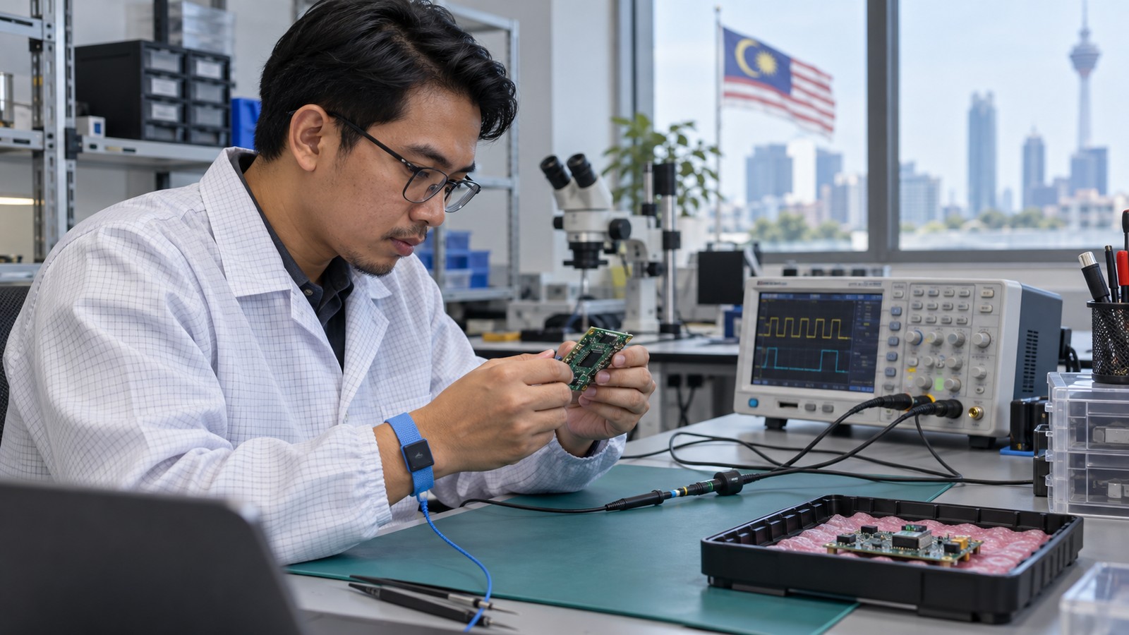 Ilustrasi jurutera elektronik di Malaysia memeriksa prototaip papan litar bersebelahan alat ujian makmal